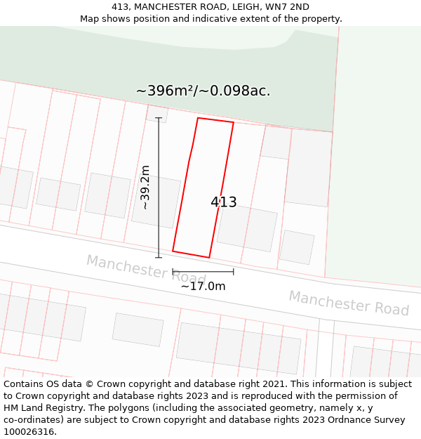 413, MANCHESTER ROAD, LEIGH, WN7 2ND: Plot and title map