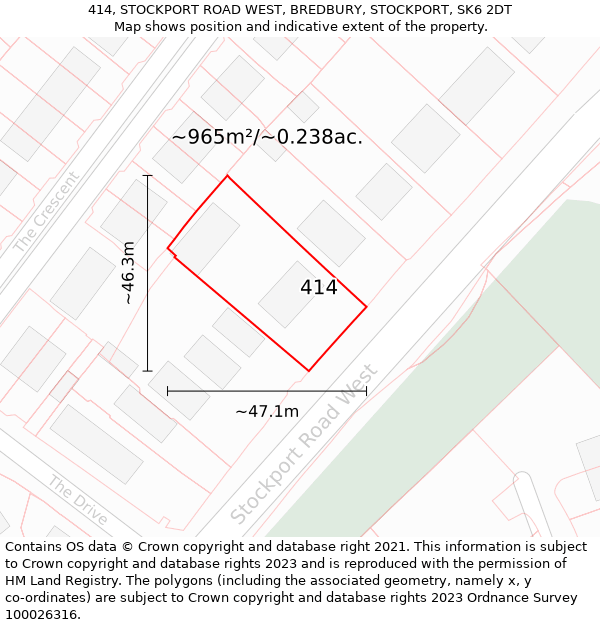 414, STOCKPORT ROAD WEST, BREDBURY, STOCKPORT, SK6 2DT: Plot and title map