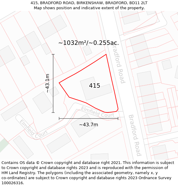 415, BRADFORD ROAD, BIRKENSHAW, BRADFORD, BD11 2LT: Plot and title map