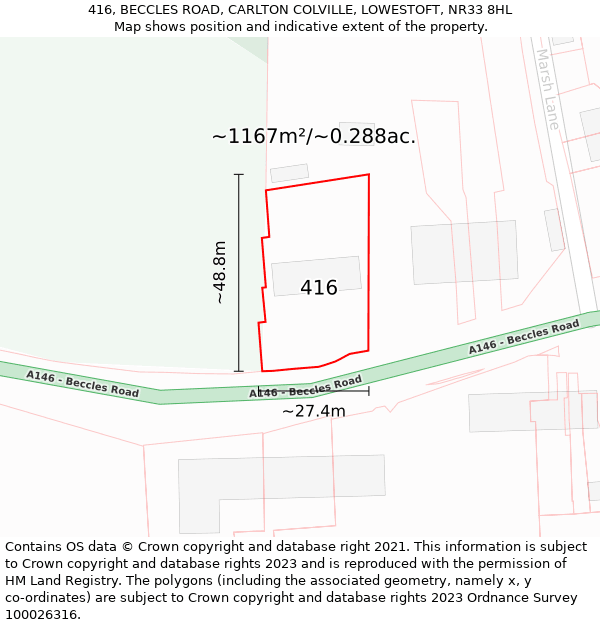 416, BECCLES ROAD, CARLTON COLVILLE, LOWESTOFT, NR33 8HL: Plot and title map