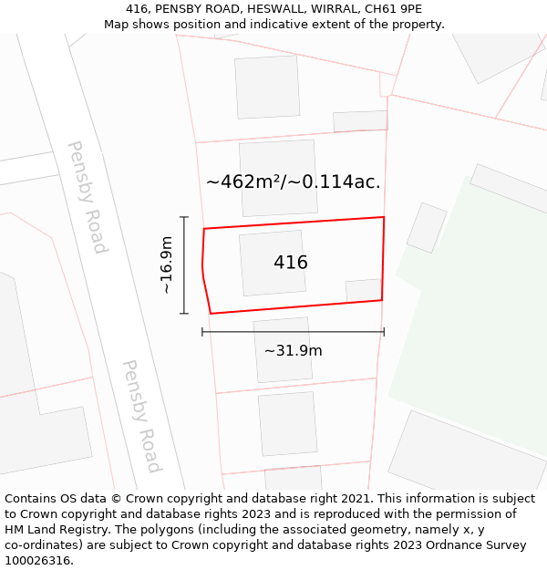 416, PENSBY ROAD, HESWALL, WIRRAL, CH61 9PE: Plot and title map