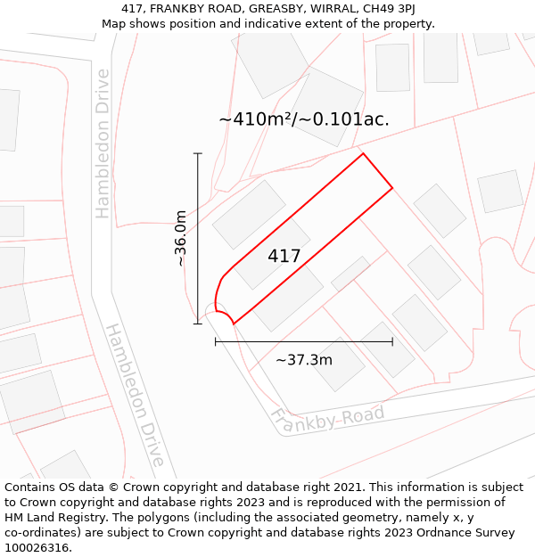 417, FRANKBY ROAD, GREASBY, WIRRAL, CH49 3PJ: Plot and title map