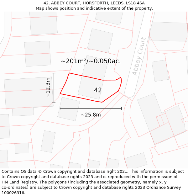 42, ABBEY COURT, HORSFORTH, LEEDS, LS18 4SA: Plot and title map