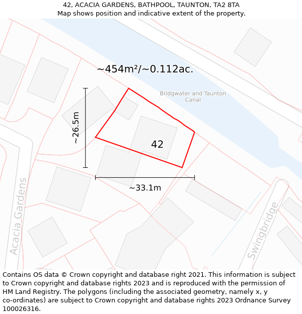 42, ACACIA GARDENS, BATHPOOL, TAUNTON, TA2 8TA: Plot and title map