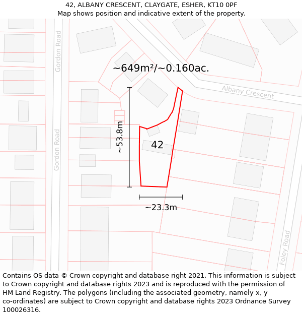 42, ALBANY CRESCENT, CLAYGATE, ESHER, KT10 0PF: Plot and title map