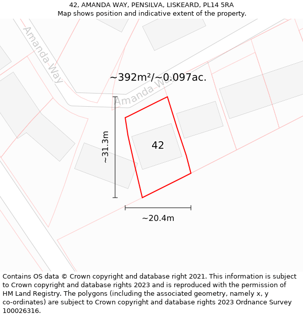 42, AMANDA WAY, PENSILVA, LISKEARD, PL14 5RA: Plot and title map