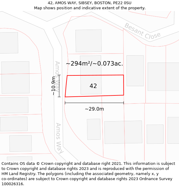 42, AMOS WAY, SIBSEY, BOSTON, PE22 0SU: Plot and title map