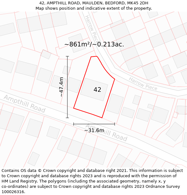 42, AMPTHILL ROAD, MAULDEN, BEDFORD, MK45 2DH: Plot and title map