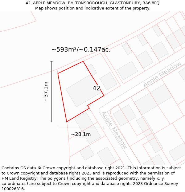 42, APPLE MEADOW, BALTONSBOROUGH, GLASTONBURY, BA6 8FQ: Plot and title map