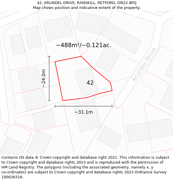 42, ARUNDEL DRIVE, RANSKILL, RETFORD, DN22 8PQ: Plot and title map