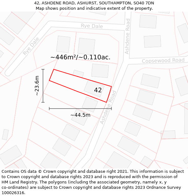 42, ASHDENE ROAD, ASHURST, SOUTHAMPTON, SO40 7DN: Plot and title map