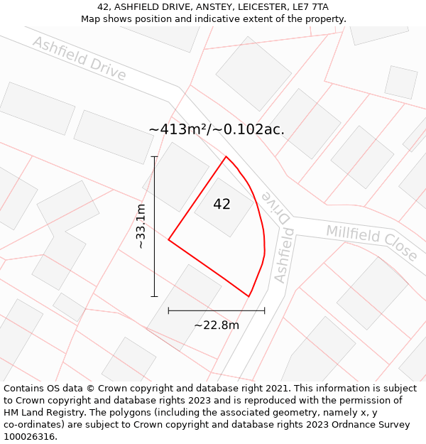 42, ASHFIELD DRIVE, ANSTEY, LEICESTER, LE7 7TA: Plot and title map