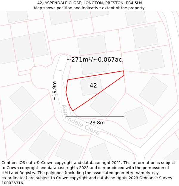 42, ASPENDALE CLOSE, LONGTON, PRESTON, PR4 5LN: Plot and title map