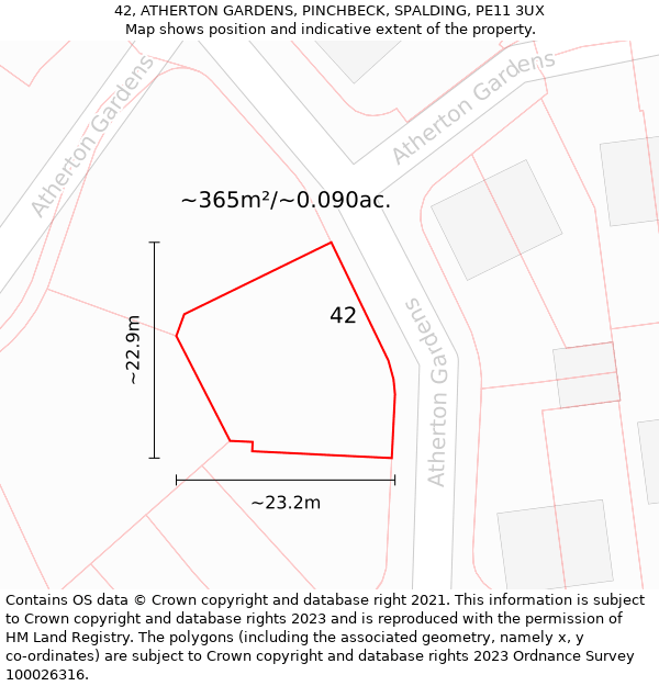 42, ATHERTON GARDENS, PINCHBECK, SPALDING, PE11 3UX: Plot and title map