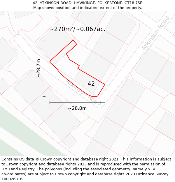 42, ATKINSON ROAD, HAWKINGE, FOLKESTONE, CT18 7SB: Plot and title map