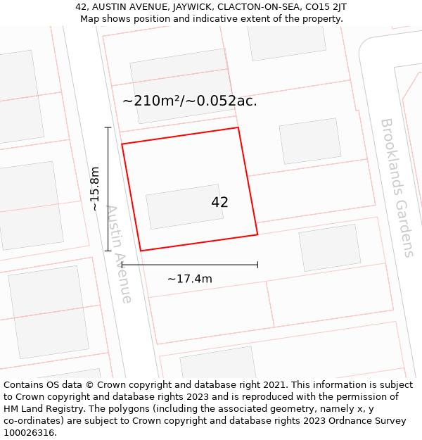 42, AUSTIN AVENUE, JAYWICK, CLACTON-ON-SEA, CO15 2JT: Plot and title map