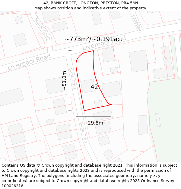 42, BANK CROFT, LONGTON, PRESTON, PR4 5AN: Plot and title map