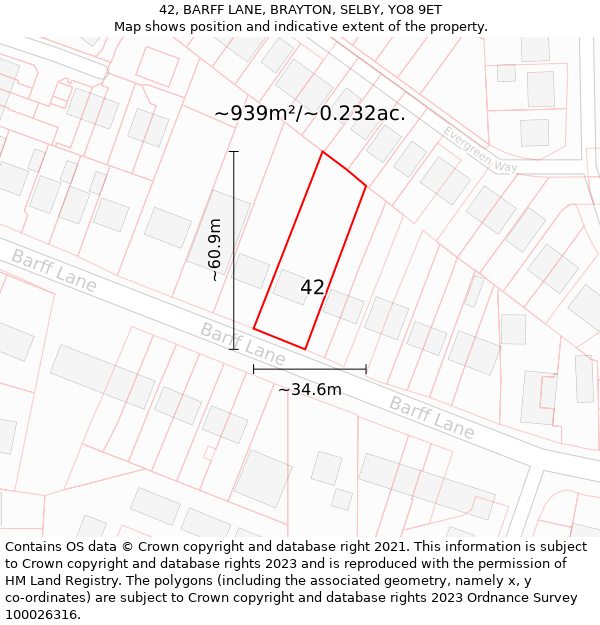 42, BARFF LANE, BRAYTON, SELBY, YO8 9ET: Plot and title map