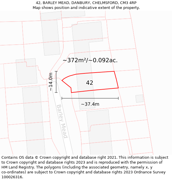 42, BARLEY MEAD, DANBURY, CHELMSFORD, CM3 4RP: Plot and title map