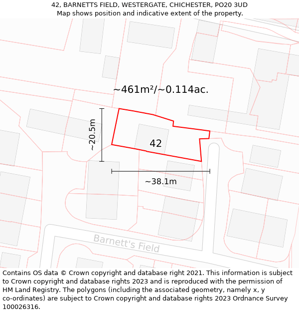 42, BARNETTS FIELD, WESTERGATE, CHICHESTER, PO20 3UD: Plot and title map