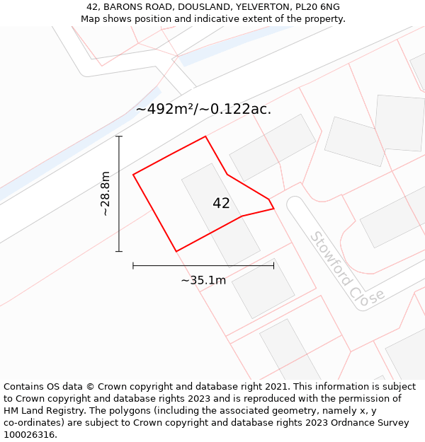 42, BARONS ROAD, DOUSLAND, YELVERTON, PL20 6NG: Plot and title map