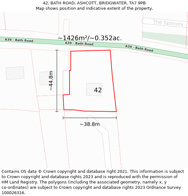 42, BATH ROAD, ASHCOTT, BRIDGWATER, TA7 9PB: Plot and title map