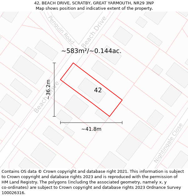 42, BEACH DRIVE, SCRATBY, GREAT YARMOUTH, NR29 3NP: Plot and title map
