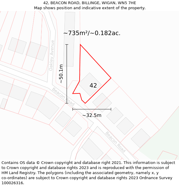 42, BEACON ROAD, BILLINGE, WIGAN, WN5 7HE: Plot and title map