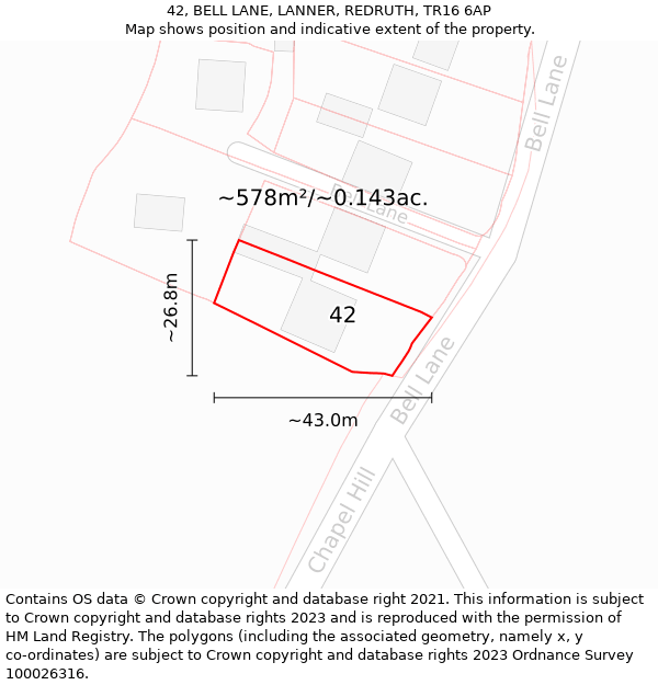 42, BELL LANE, LANNER, REDRUTH, TR16 6AP: Plot and title map