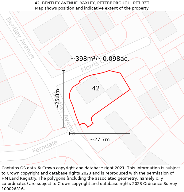 42, BENTLEY AVENUE, YAXLEY, PETERBOROUGH, PE7 3ZT: Plot and title map