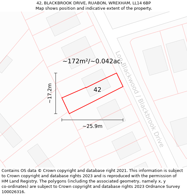 42, BLACKBROOK DRIVE, RUABON, WREXHAM, LL14 6BP: Plot and title map