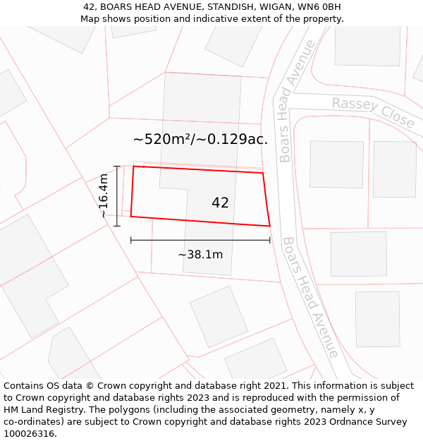 42, BOARS HEAD AVENUE, STANDISH, WIGAN, WN6 0BH: Plot and title map