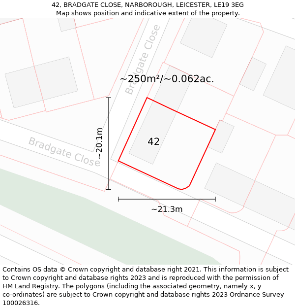 42, BRADGATE CLOSE, NARBOROUGH, LEICESTER, LE19 3EG: Plot and title map