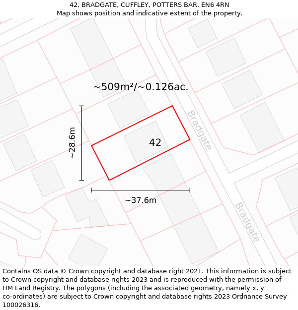 42, BRADGATE, CUFFLEY, POTTERS BAR, EN6 4RN: Plot and title map