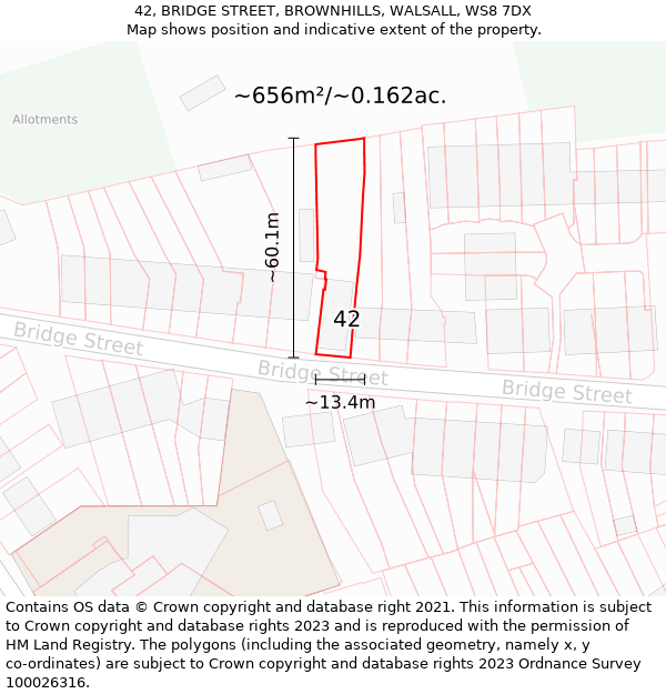 42, BRIDGE STREET, BROWNHILLS, WALSALL, WS8 7DX: Plot and title map