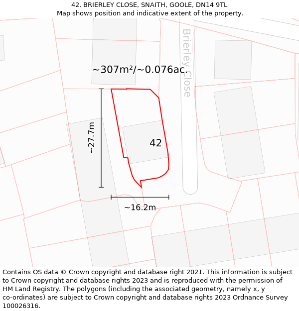 42, BRIERLEY CLOSE, SNAITH, GOOLE, DN14 9TL: Plot and title map