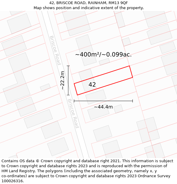 42, BRISCOE ROAD, RAINHAM, RM13 9QF: Plot and title map