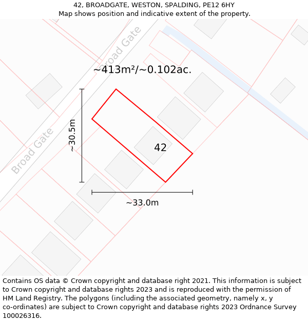 42, BROADGATE, WESTON, SPALDING, PE12 6HY: Plot and title map