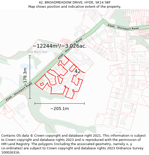 42, BROADMEADOW DRIVE, HYDE, SK14 5BF: Plot and title map