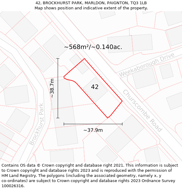 42, BROCKHURST PARK, MARLDON, PAIGNTON, TQ3 1LB: Plot and title map