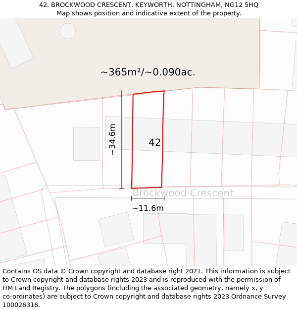 42, BROCKWOOD CRESCENT, KEYWORTH, NOTTINGHAM, NG12 5HQ: Plot and title map