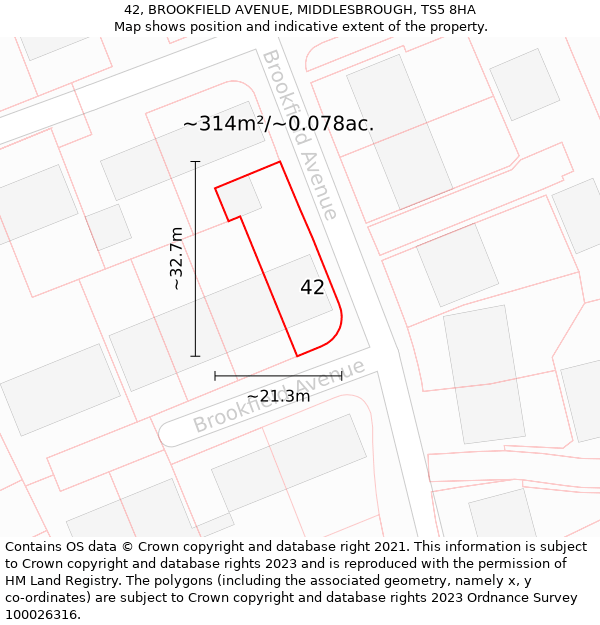 42, BROOKFIELD AVENUE, MIDDLESBROUGH, TS5 8HA: Plot and title map