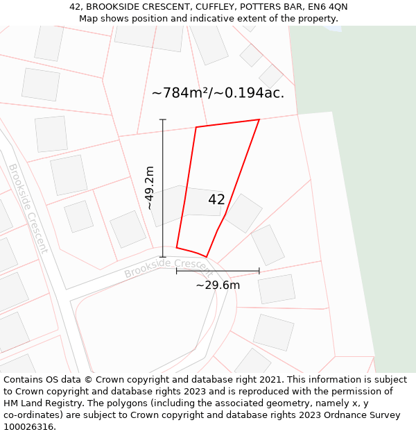 42, BROOKSIDE CRESCENT, CUFFLEY, POTTERS BAR, EN6 4QN: Plot and title map