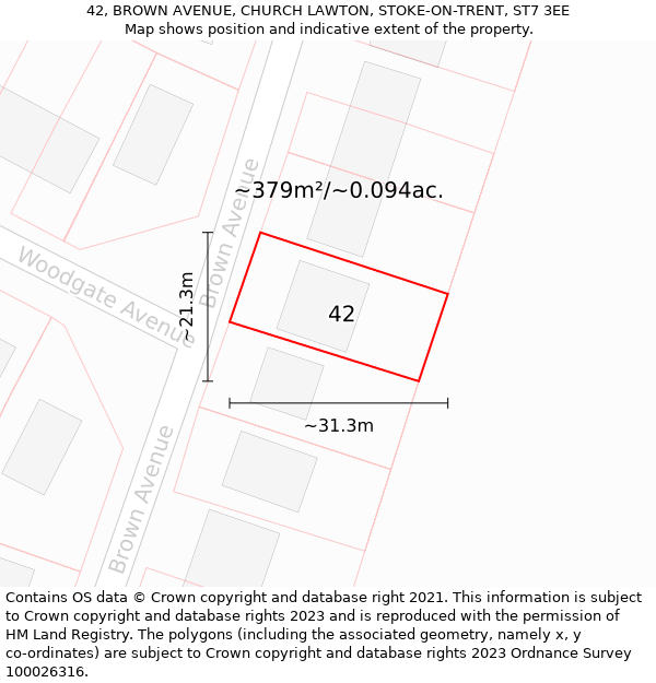 42, BROWN AVENUE, CHURCH LAWTON, STOKE-ON-TRENT, ST7 3EE: Plot and title map