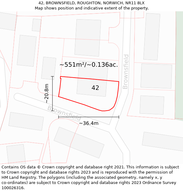 42, BROWNSFIELD, ROUGHTON, NORWICH, NR11 8LX: Plot and title map