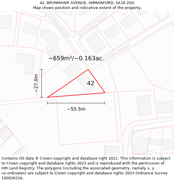 42, BRYNMAWR AVENUE, AMMANFORD, SA18 2DA: Plot and title map