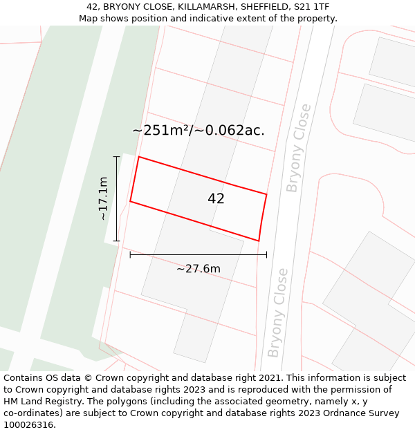 42, BRYONY CLOSE, KILLAMARSH, SHEFFIELD, S21 1TF: Plot and title map