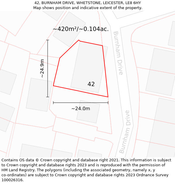 42, BURNHAM DRIVE, WHETSTONE, LEICESTER, LE8 6HY: Plot and title map