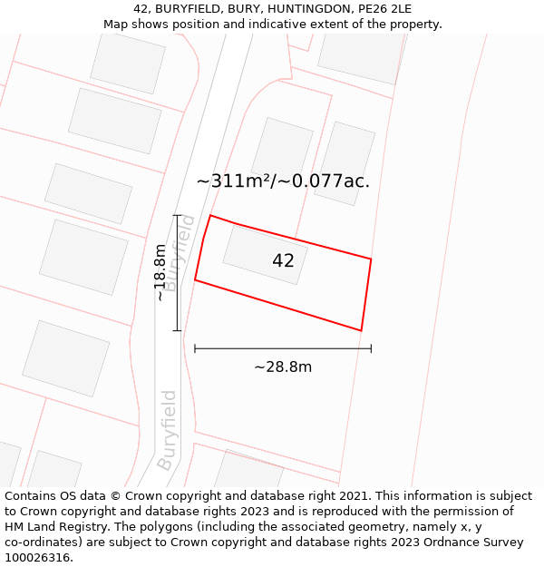 42, BURYFIELD, BURY, HUNTINGDON, PE26 2LE: Plot and title map