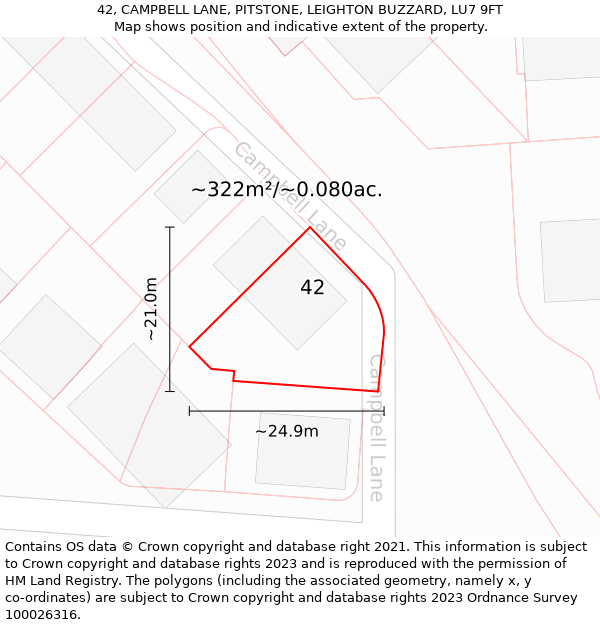 42, CAMPBELL LANE, PITSTONE, LEIGHTON BUZZARD, LU7 9FT: Plot and title map